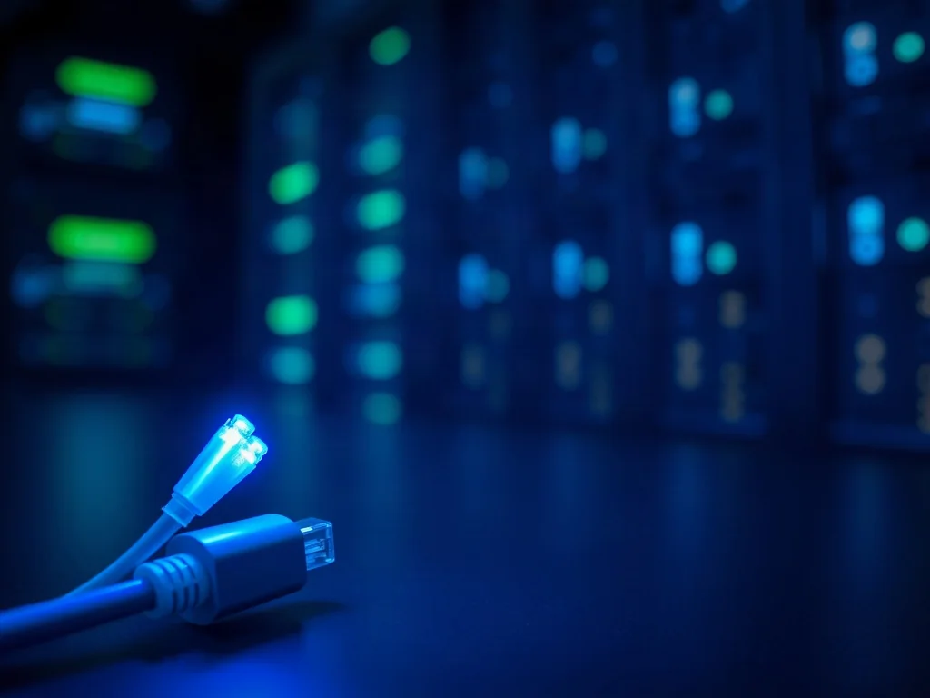 Kabel światłowodowy z niebieskim podświetleniem na minimalistycznym biurku, symbolizujący szybki przesył danych.