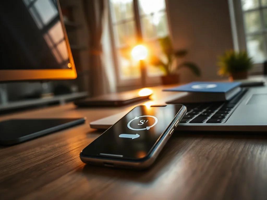 Smartfon leżący obok laptopa na biurku, symbolizujący bezproblemową synchronizację danych między urządzeniami.