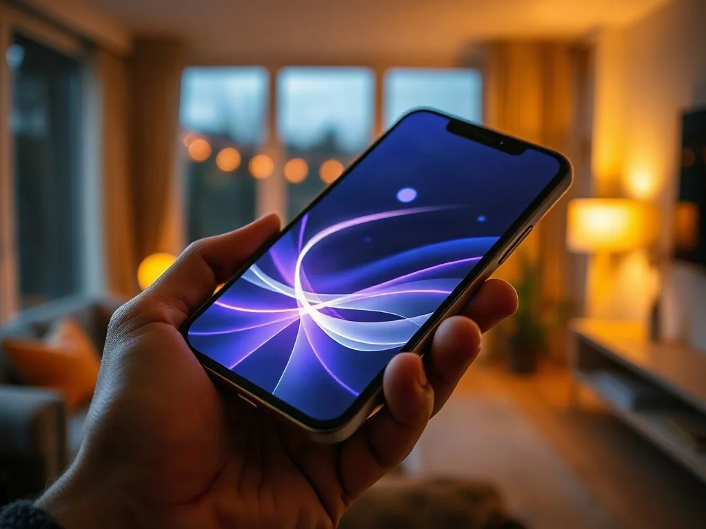 Dłoń trzymająca smartfon z animowanymi liniami na ekranie, obrazującymi obsługę telefonu za pomocą gestów dotykowych.