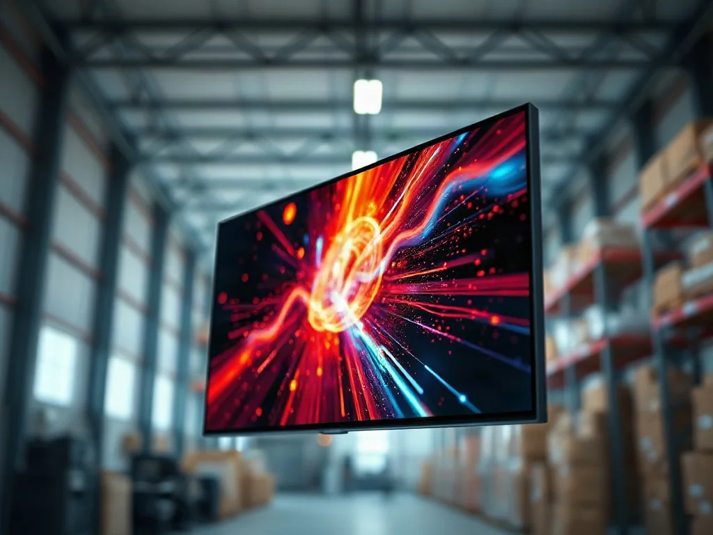 Nowoczesny ekran telewizora z wyraźną teksturą wyświetlacza na tle magazynu elektroniki.