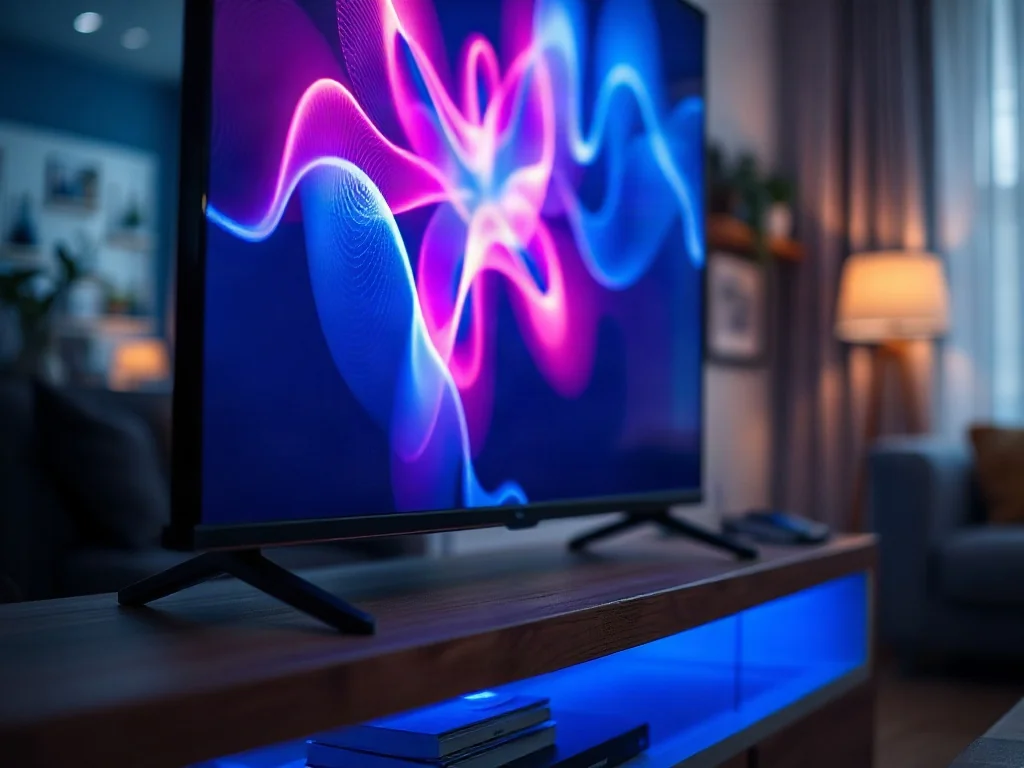Nowoczesny telewizor LED wyświetlający kolorową grafikę w przytulnym, zaciemnionym salonie.