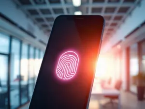 Nowoczesny smartfon na biurku z wizualizacją procesów i danych działających w tle aplikacji.