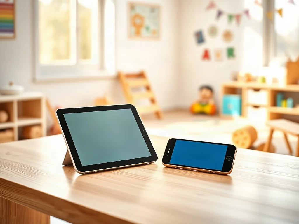 Tablet i smartfon leżące na drewnianym biurku w przytulnym pokoju dziecięcym, prezentujące urządzenia do nauki i zabawy.