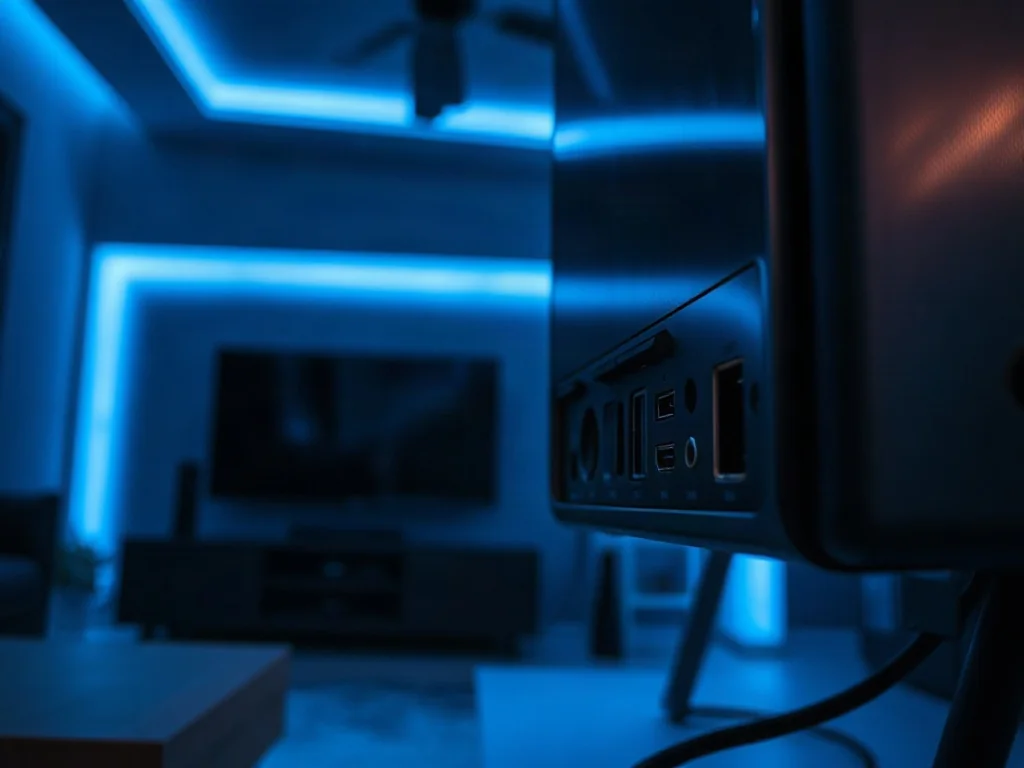 Zbliżenie na panel tylny telewizora z widocznymi portami HDMI, USB oraz złączem optycznym w niebieskim oświetleniu.