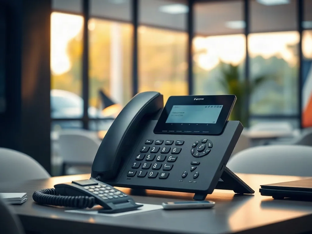 Nowoczesny telefon VoIP na biurku w profesjonalnym biurze, gotowy do obsługi połączeń biznesowych.