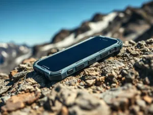 Nowoczesny smartfon na biurku z wyświetlonym menu ustawień prywatności i lokalizacji w przytulnym domowym biurze.