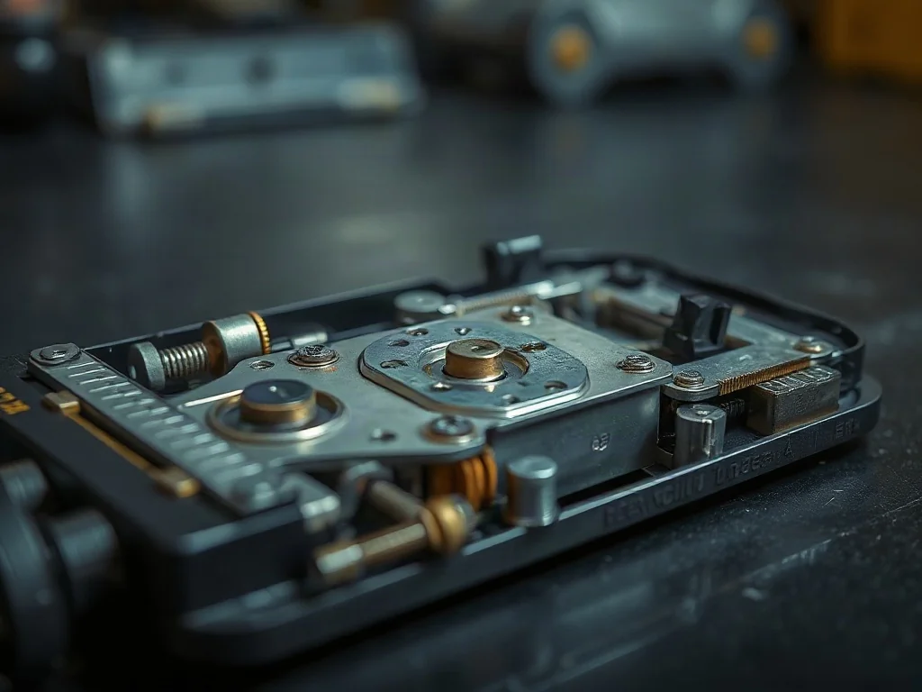 Zbliżenie na rozebrany mechanizm rozsuwany telefonu typu slider, ukazujące metalowe prowadnice i sprężyny.