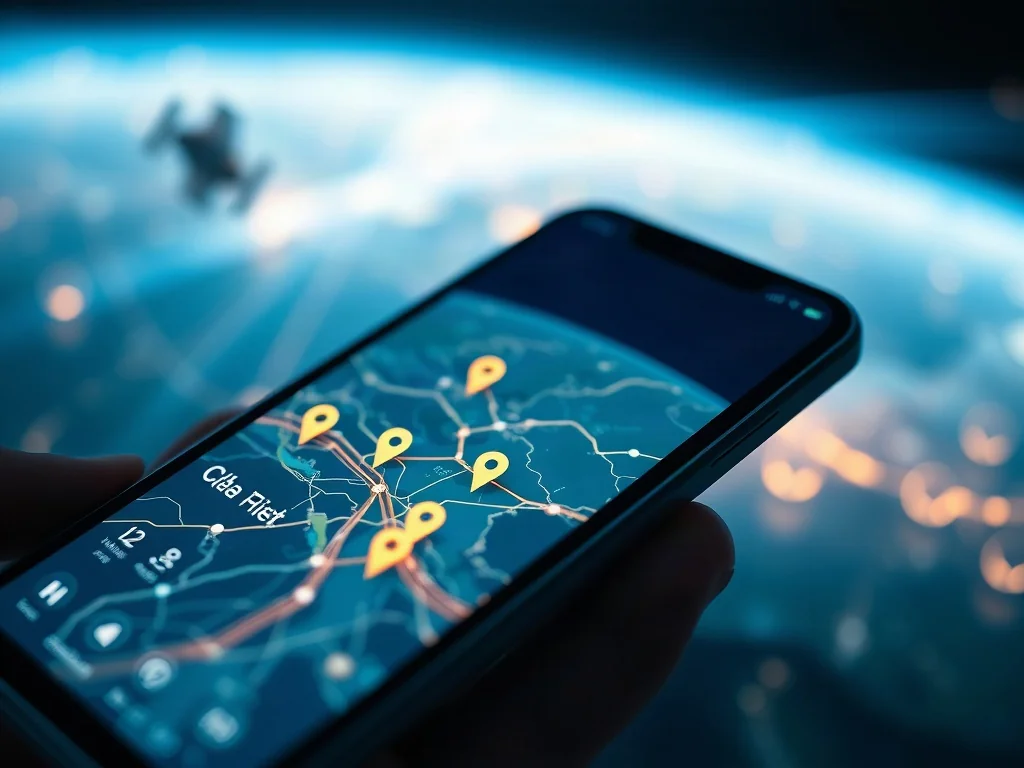 Ekran smartfona z wyświetloną cyfrową mapą nawigacyjną oraz wizualizacja satelitów łączących się z Ziemią w tle.