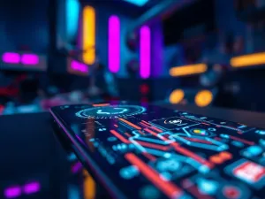 Nowoczesny smartfon gamingowy z neonowym podświetleniem na biurku z zestawem komputerowym w tle.