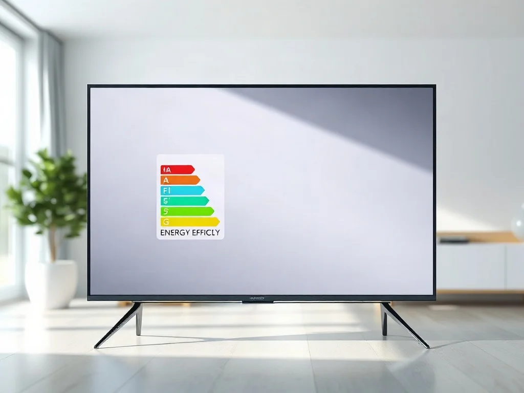 Nowoczesny telewizor w jasnym salonie z widoczną na ekranie etykietą energetyczną w skali od A do G.