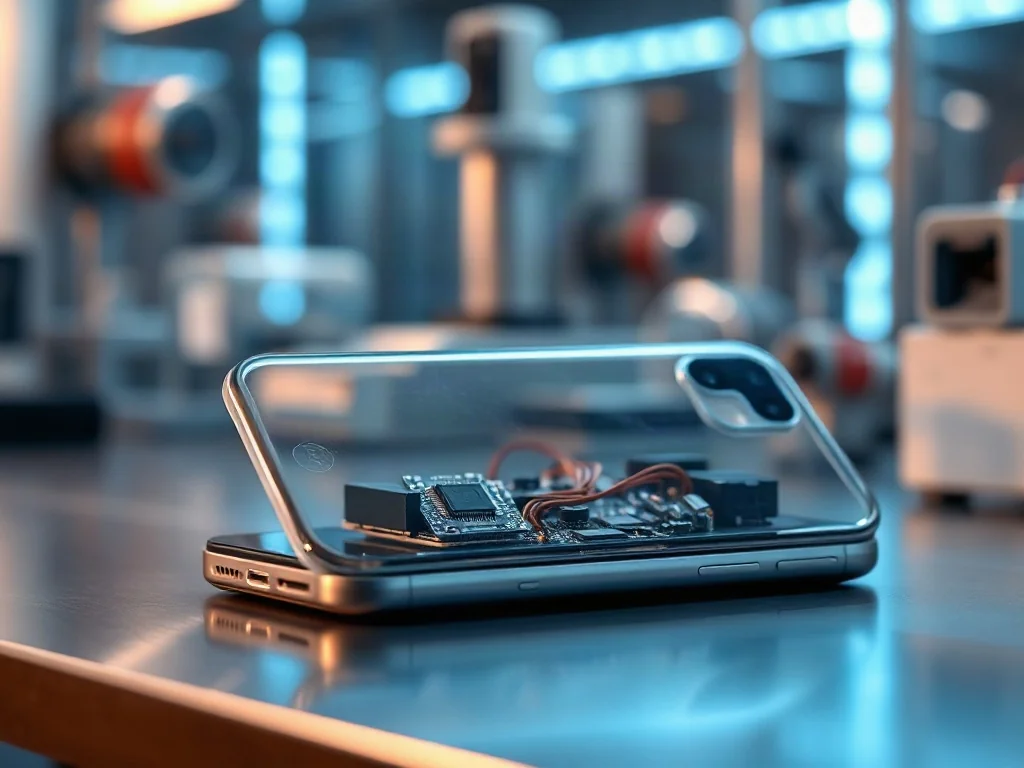 Wnętrze nowoczesnego smartfona z przezroczystą obudową, ukazujące precyzyjne układy elektroniczne i komponenty techniczne.