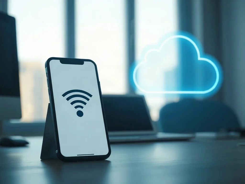 Smartfon z ikoną przesyłania bezprzewodowego obok świecącej chmury, symbolizujące wybór między AirDrop a technologią chmurową.