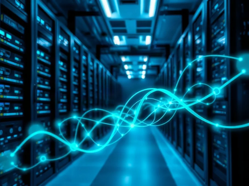 Nowoczesne centrum danych z wizualizacją cyfrowego przepływu energii, symbolizującą optymalizację systemów IT.