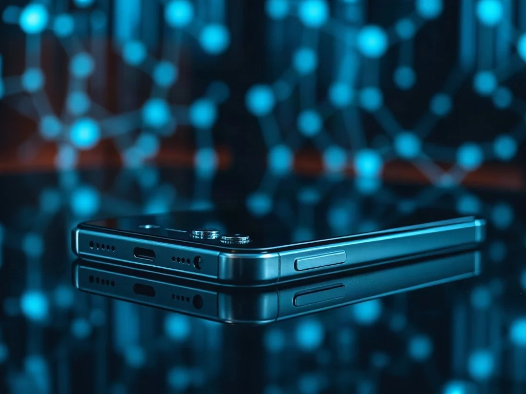 Nowoczesny smartfon na ciemnym tle z wizualizacją sieci neuronowej, podkreślającą zaawansowane możliwości układu NPU.