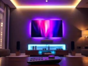Nowoczesny salon z przezroczystym telewizorem, prezentujący futurystyczne trendy w technologii domowej.