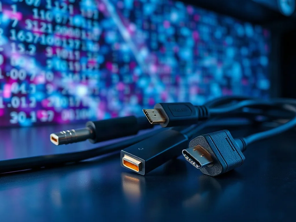 Nowoczesne kable światłowodowe i złącza HDMI na metalicznym tle, symbolizujące zaawansowane technologie przesyłu danych.