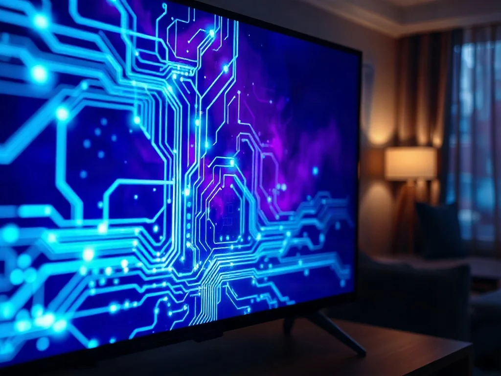 Ekran nowoczesnego telewizora Smart TV z abstrakcyjną grafiką danych cyfrowych, symbolizującą proces aktualizacji systemu.