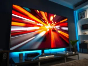 Nowoczesny telewizor z wyświetlonym symbolem ustawień na ekranie w przytulnym salonie.