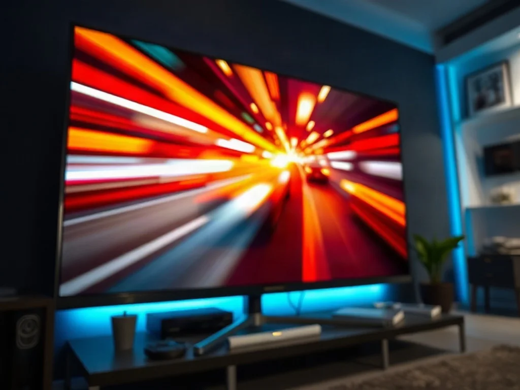 Zbliżenie na ekran telewizora 4K wyświetlający dynamiczną scenę akcji z efektem płynnego ruchu w przyciemnionym salonie.