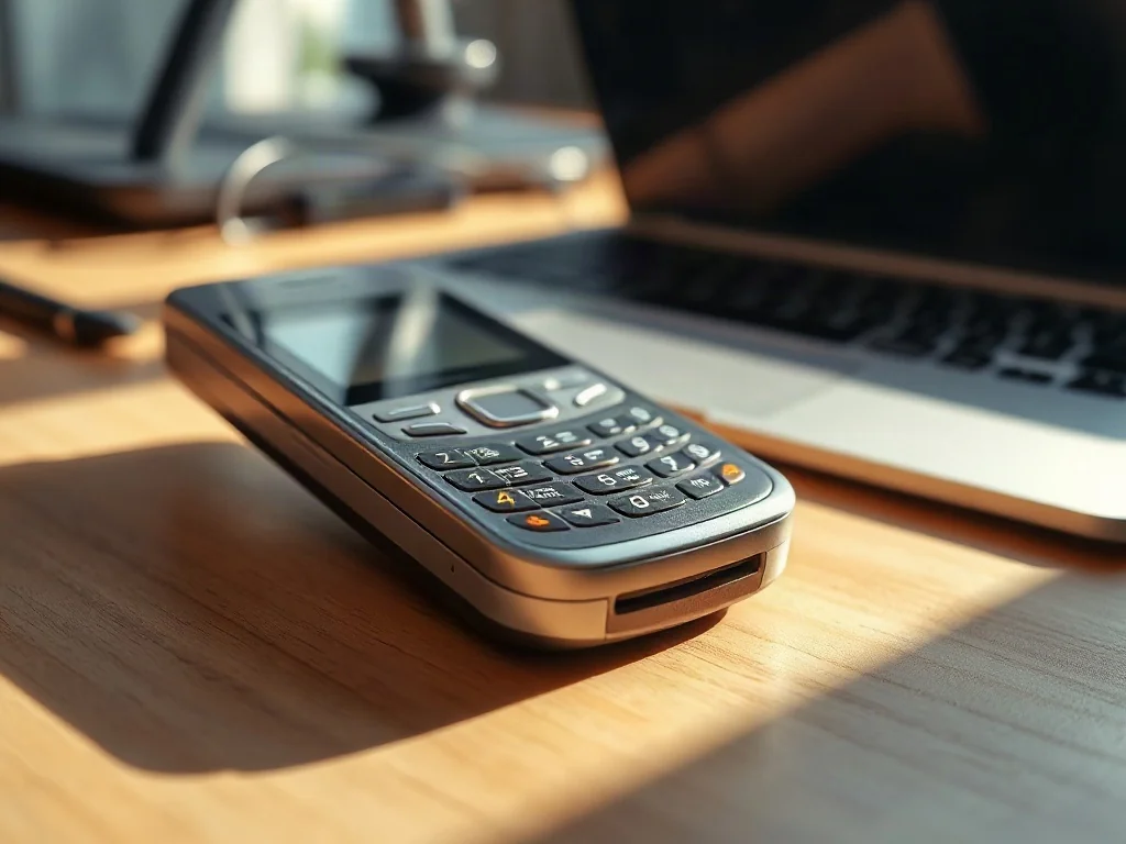 Klasyczny telefon z wysuwaną klawiaturą QWERTY leżący na drewnianym biurku w promieniach porannego słońca.