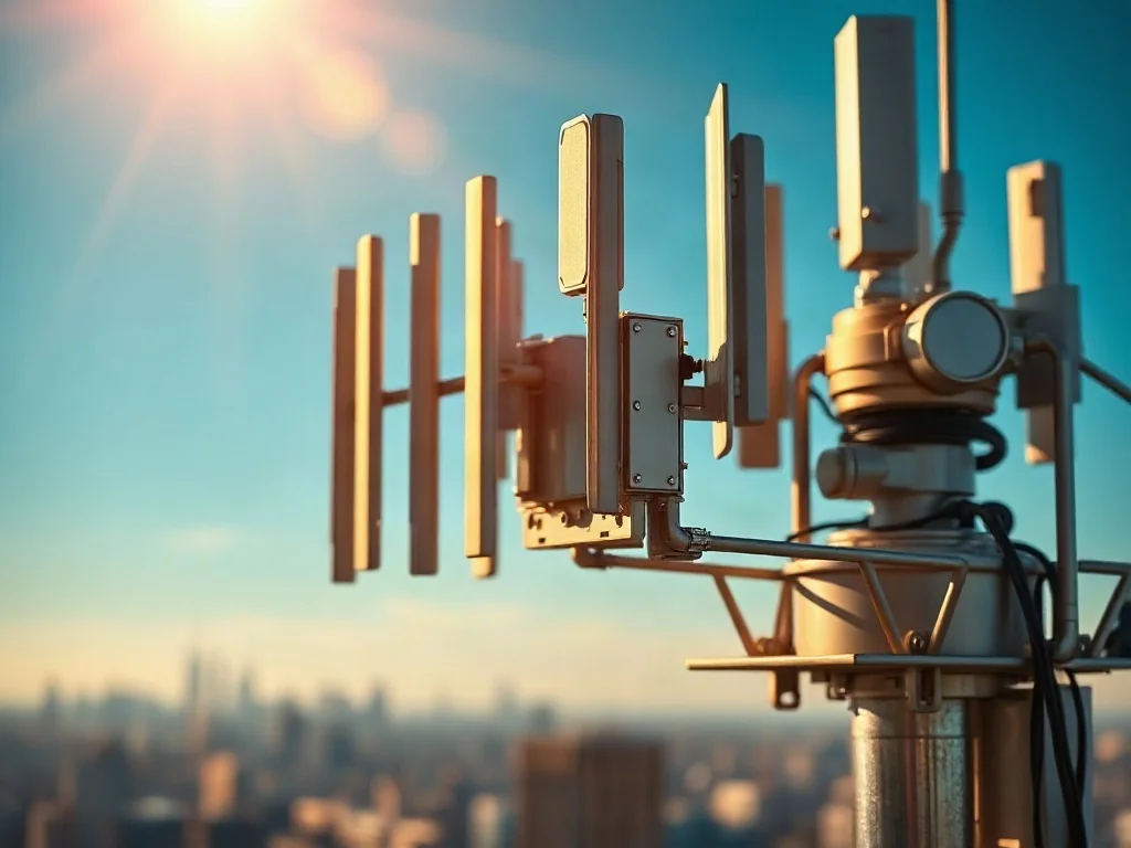 Antena sieci 5G na tle błękitnego nieba i zarysu nowoczesnego miasta, symbolizująca szybką transmisję danych komórkowych.