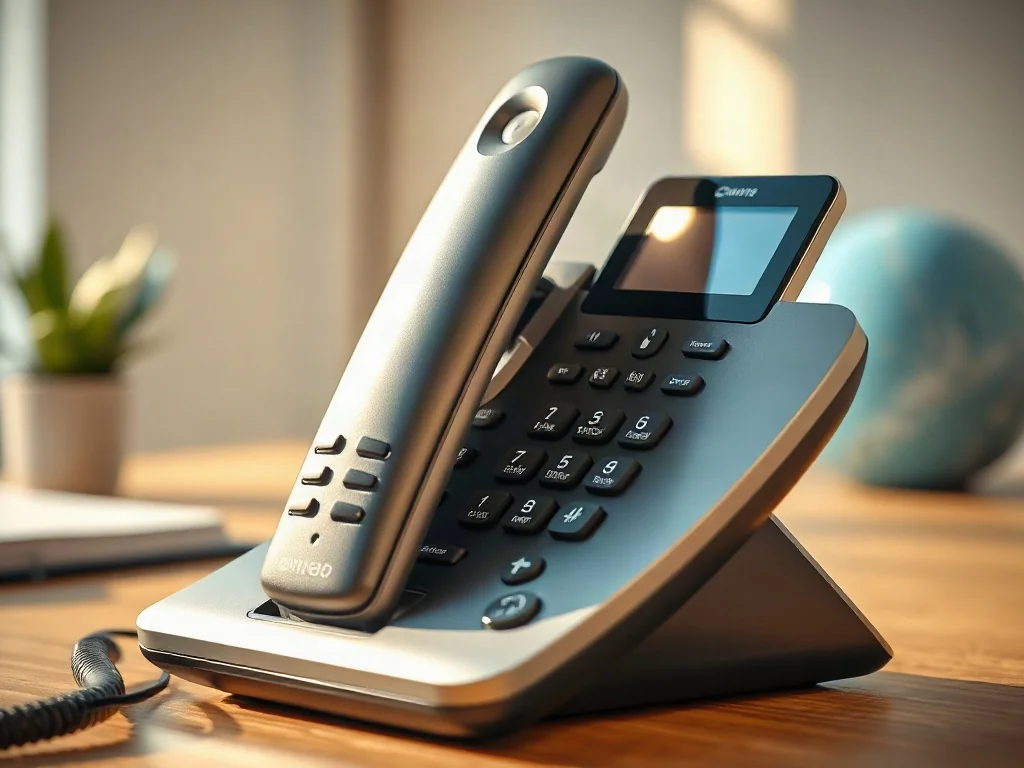 Nowoczesny telefon bezprzewodowy DECT spoczywający na stacji ładującej w minimalistycznym domowym biurze.
