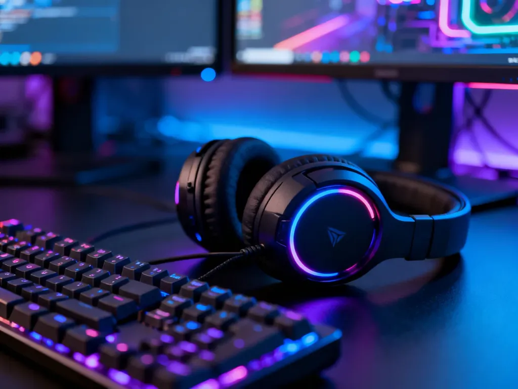 Nowoczesne słuchawki gamingowe z podświetleniem LED obok klawiatury i zestawu RGB, idealne do immersyjnej rozgrywki, no text on the picture