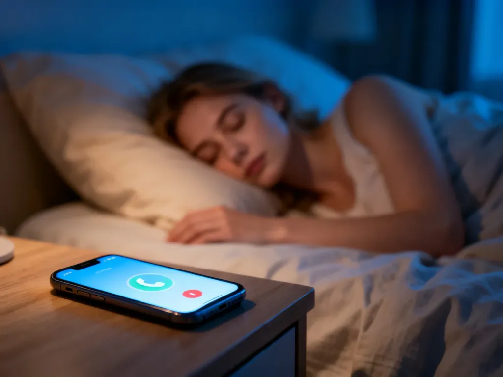 Przygaszona sypialnia nocą, telefon z nadchodzącym połączeniem rozświetla stolik i śpiącą kobietę w tle, no text on the picture