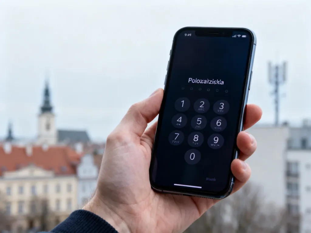 Smartfon w dłoni wybierający polski numer kierunkowy na tle miejskiej zabudowy Rzeszowa, no text on the picture
