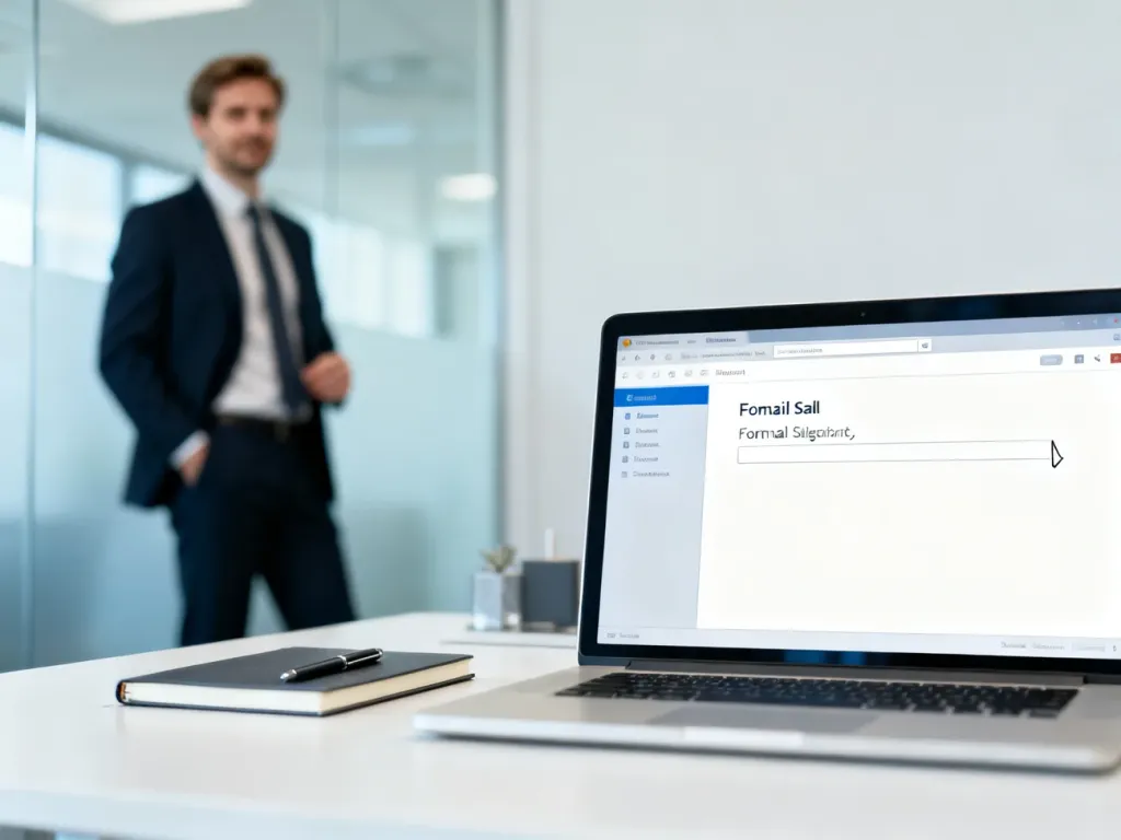 Pracownik pisze formalny e-mail na laptopie w biurze, w tle przełożony przy szklanej ścianie, atmosfera profesjonalna, no text on the picture